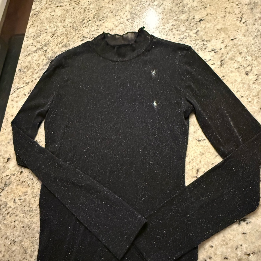 Womens Black Metallic Mock Neck Long-Sleeve Top